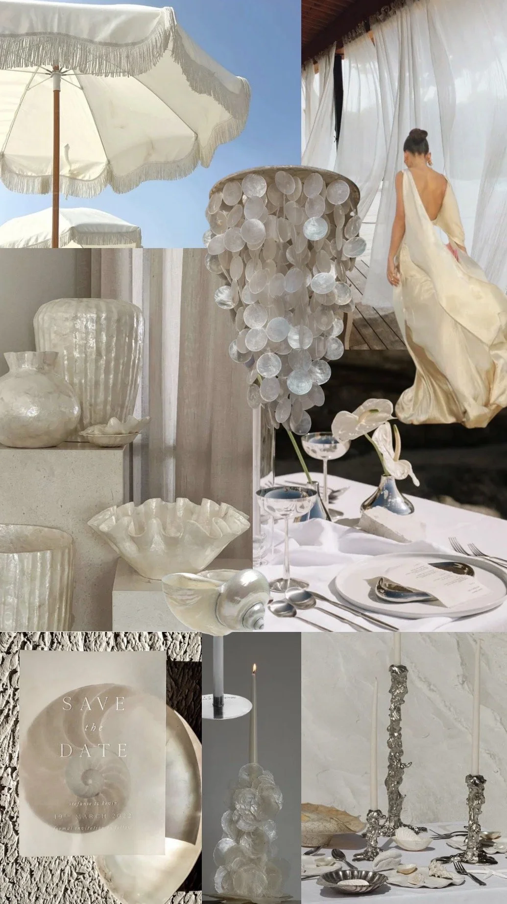 Collage of white and cream-colored objects including umbrellas, vases, candles, candles, tableware, and a woman in a white dress.