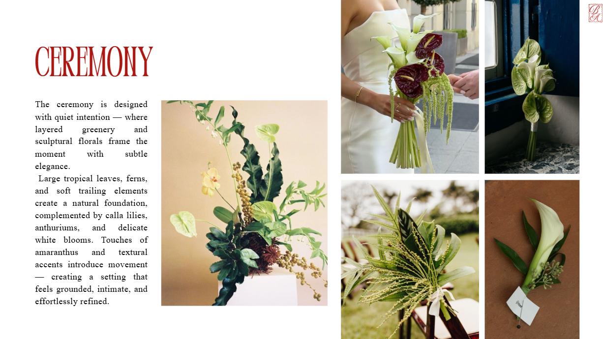 Design layout of a wedding ceremony with floral arrangements, including a woman holding a bouquet, and various bouquets and floral decorations.