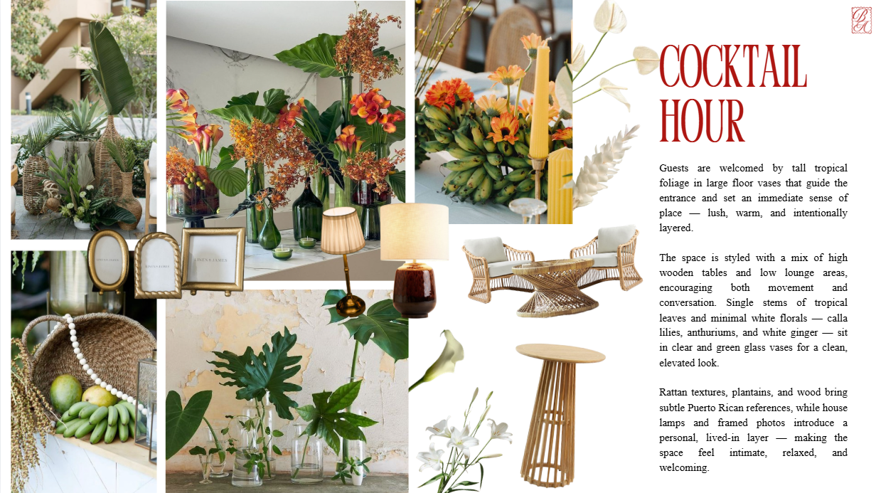 A collage of decor items including tropical foliage, flowers in vases, framed photos, lamps, rattan furniture, and a floral arrangement for a cocktail hour event with a tropical theme.