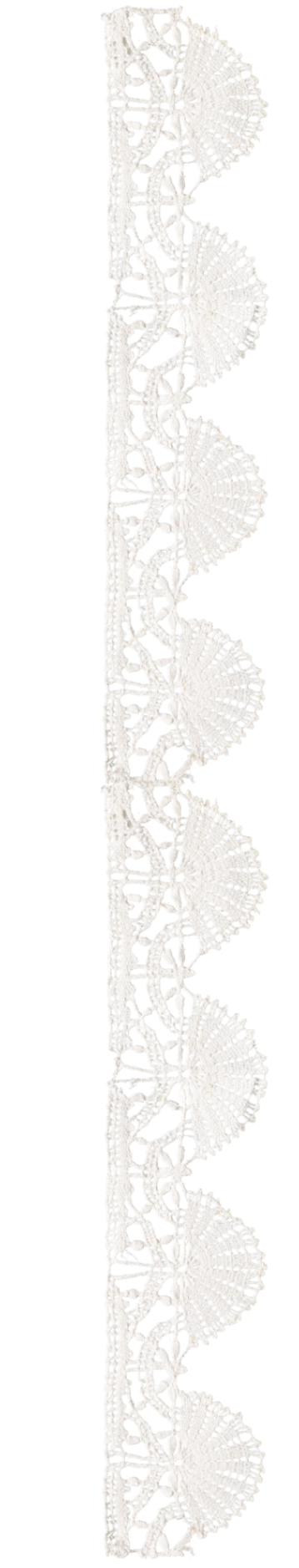 White lace trim with a repetitive pattern of semi-circular and floral motifs, designed for decorative purposes.