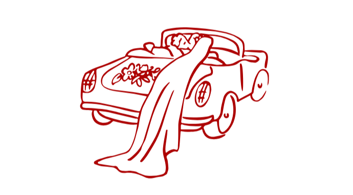 Line drawing of a vintage convertible car with a dress hanging over its side, and a bouquet of flowers on the windshield.