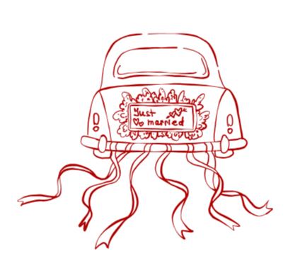 A red outline of a vintage car with octopus tentacles extending from the back, and a sign on the front of the car.