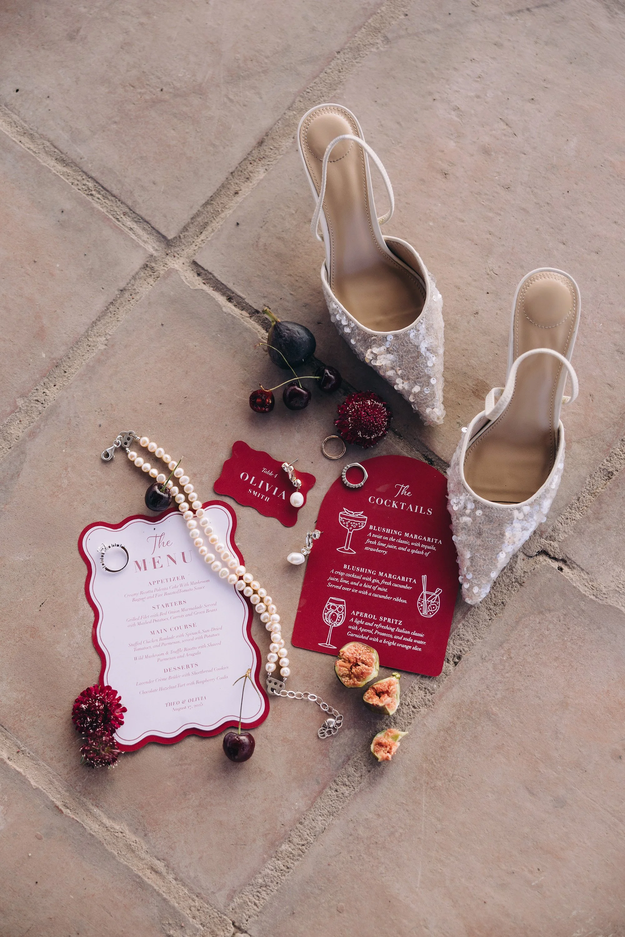 Luxury wedding design details including bridal shoes, custom stationery, and styled décor elements by Puerto Rico wedding designer