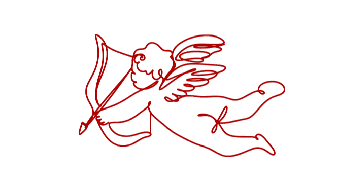 A winged cupid with a bow and arrow, flying to the right.