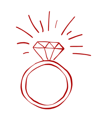 Red line drawing of a diamond ring with rays emanating from the diamond on a black background.
