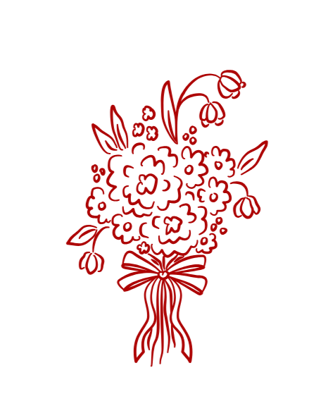 Red outline drawing of a bouquet of flowers tied with a ribbon on a black background.