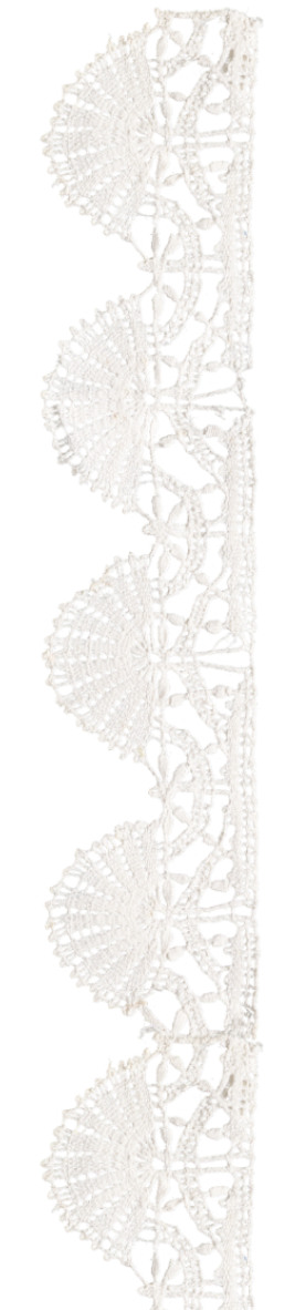 A vertical strip of white lace with intricate floral and geometric patterns, featuring scalloped edges on one side.