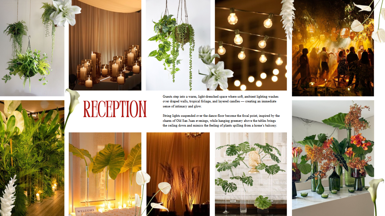 Gallery of images showing indoor and outdoor wedding decoration scenes with plants, flowers, candles, string lights, and guests dancing at a wedding reception.