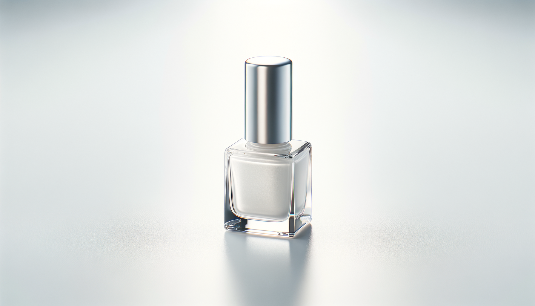 A clear glass bottle with a metallic silver cap, likely containing nail polish, positioned on a light background.