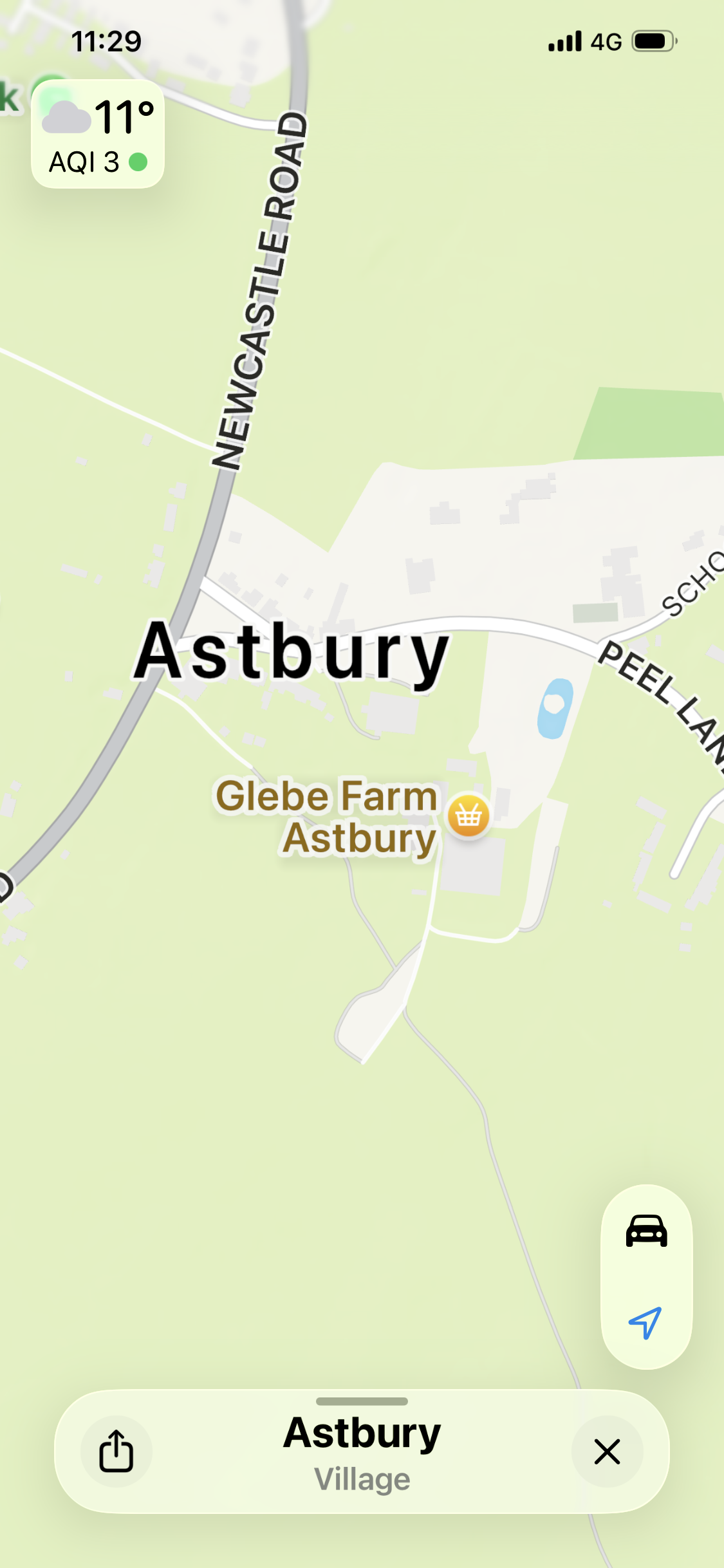 Map showing Astbury village with Grobe Farm Astbury and nearby roads, including Newcastle Road and Peel Lane, with a small pond or water feature.