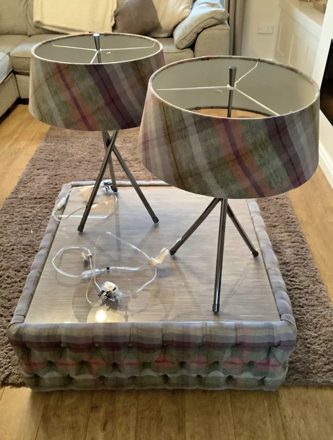 Beautiful Upholstered Coffee Table & Lamps