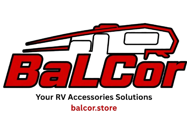 Logo for BaLCor featuring an outline of a motorhome and the text 'BaLCor' in red, with the tagline 'Your RV Accessories Solutions' and a website link 'balcorstore'.