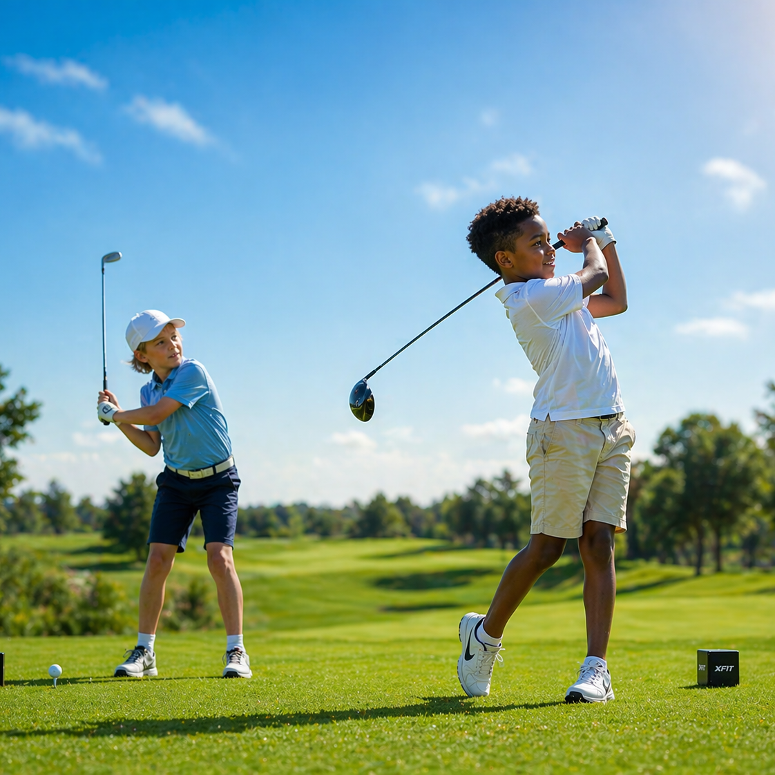 Two boys playing golf on a sunny day at a golf course.