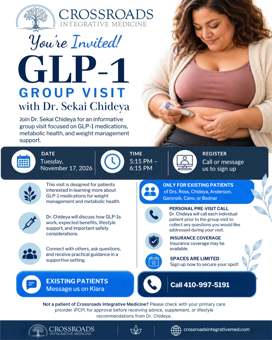 Invitation flyer for a GLP-1 medication group visit by Crossroads Integrative Medicine, featuring a woman injecting herself with medication in a medical setting. The flyer includes event details such as date, time, registration instructions, and contact information, emphasizing informational support on GLP-1 medications for weight management.