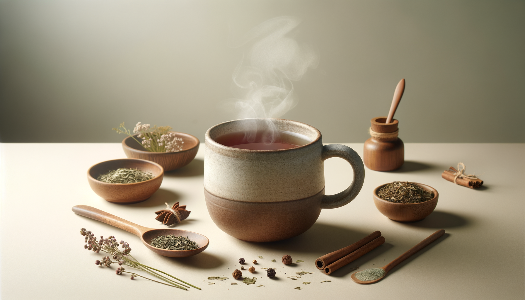 A ceramic mug filled with hot tea, surrounded by bowls of loose herbal tea, a small jar with a spoon, cinnamon sticks, dried herbs, and flowers on a white surface with a plain background.
