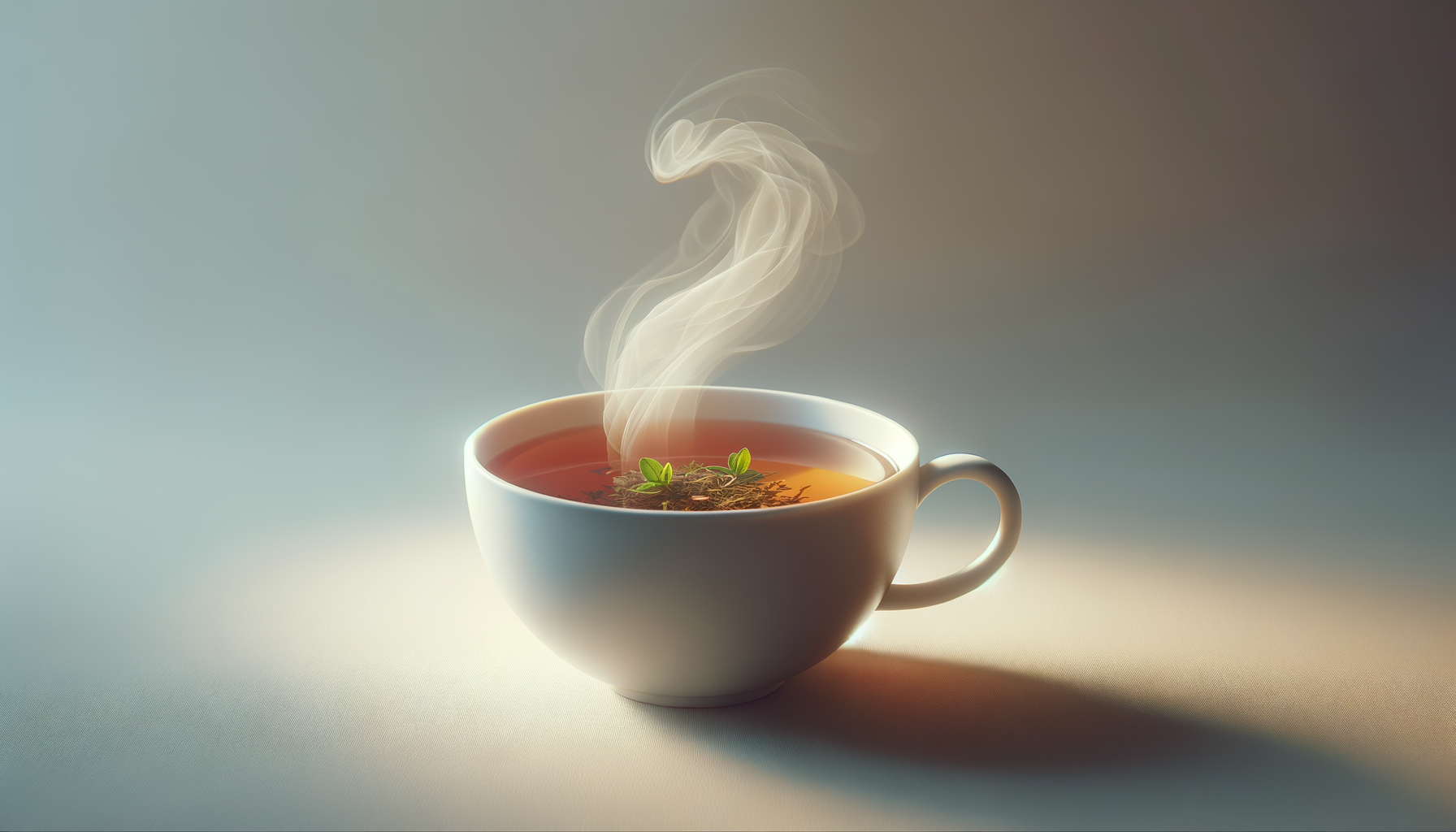 A white ceramic cup filled with hot tea, with steam rising above, garnished with fresh green herbs and tea leaves.