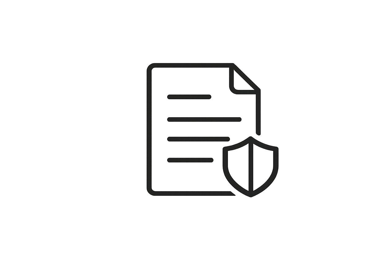 Outline of a document with lines representing text and a shield icon in front of it, symbolizing document protection or security.