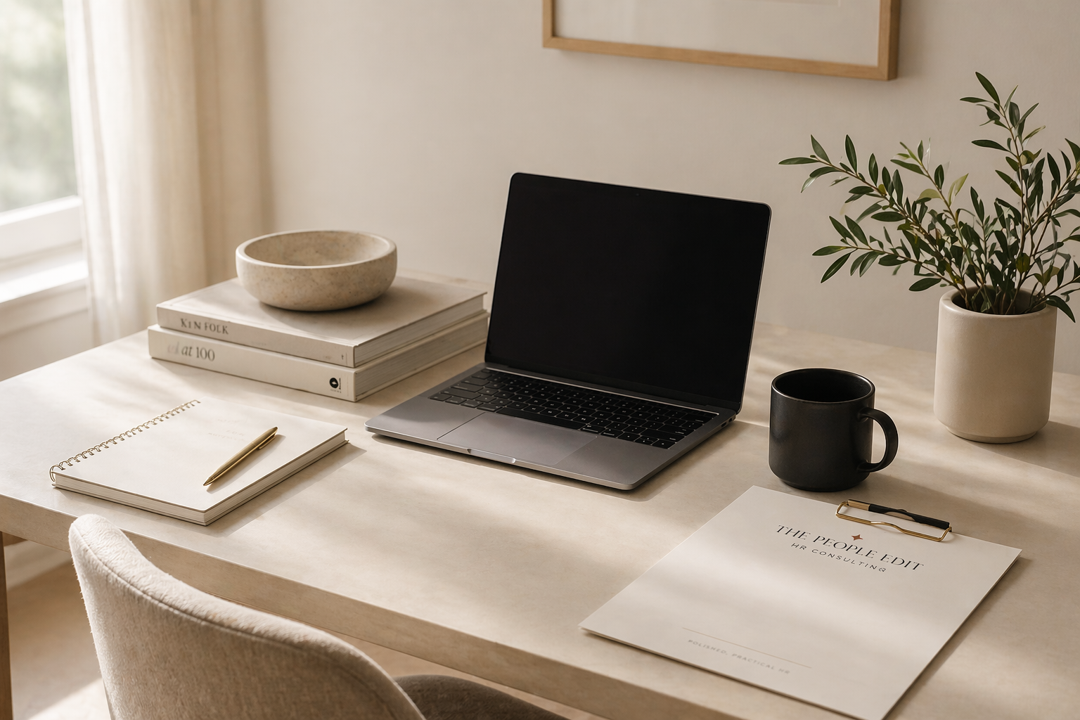Organized workspace with an open laptop, a black coffee mug, a potted plant, a stack of books, a notepad with a pen, and a professional HR consulting report on a beige table in a bright room.