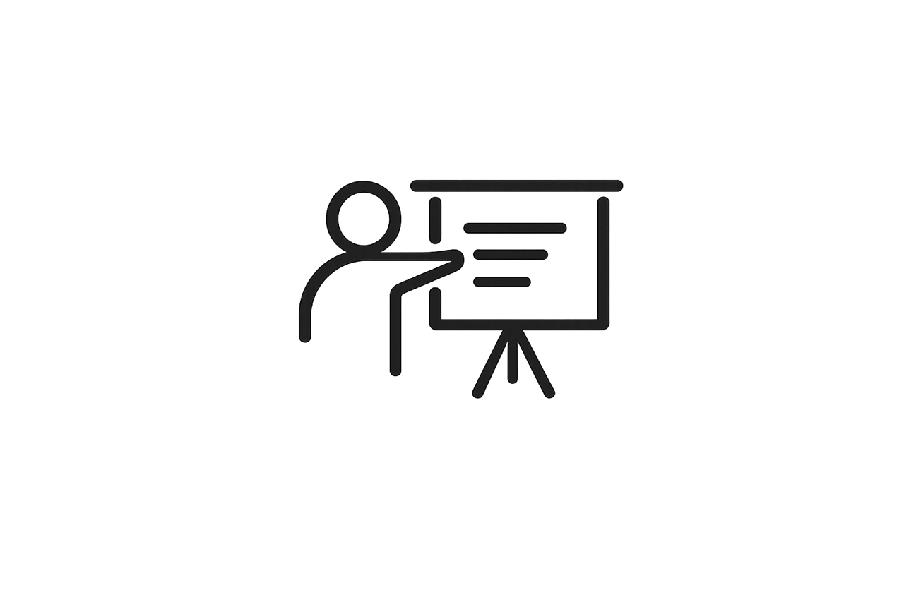 A simple black line drawing of a person giving a presentation with a presentation board.