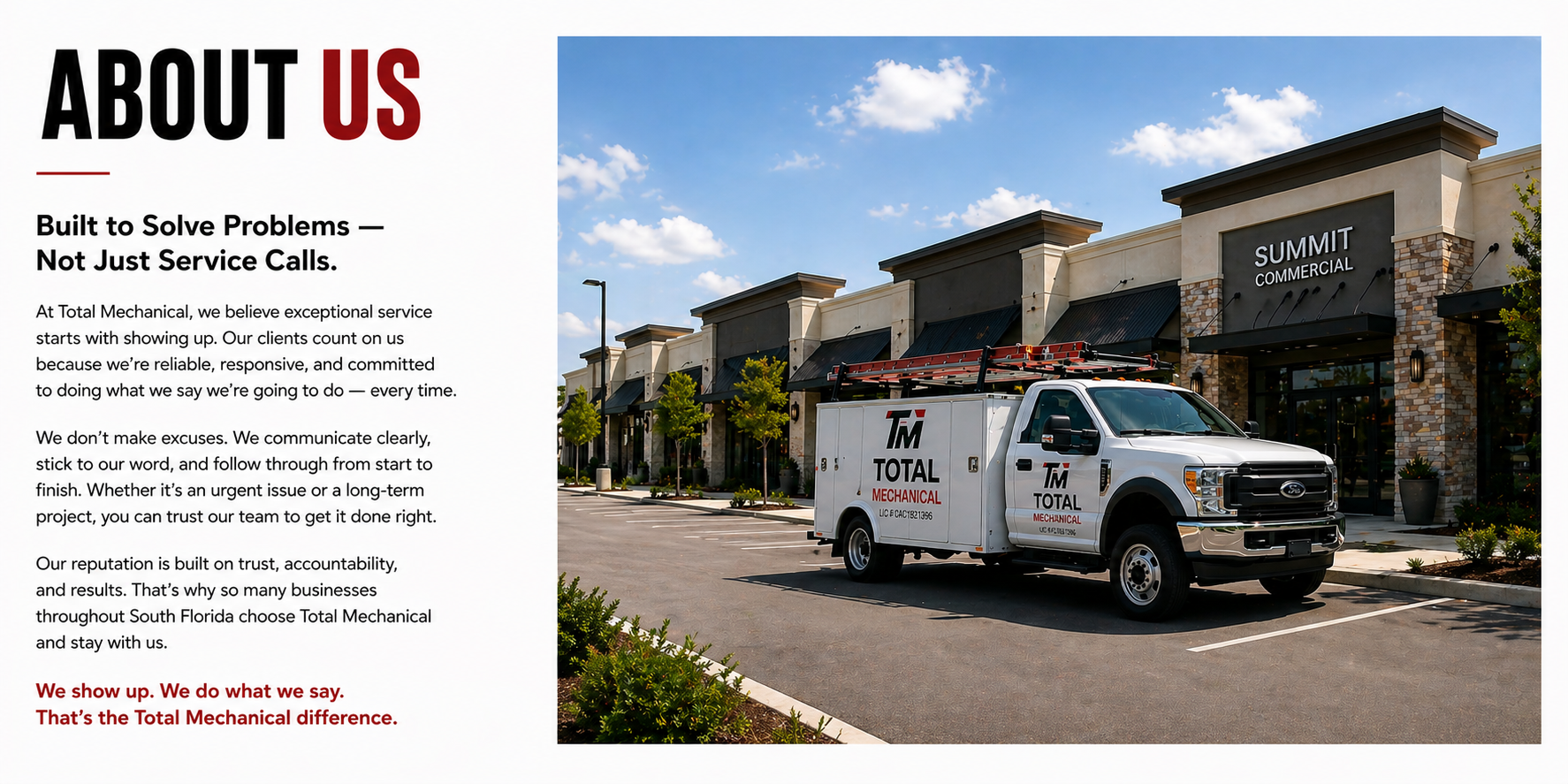 Photograph of a vehicle with Total Mechanical branding parked in front of a commercial building labeled Summit Commercial with small trees and clear blue sky.