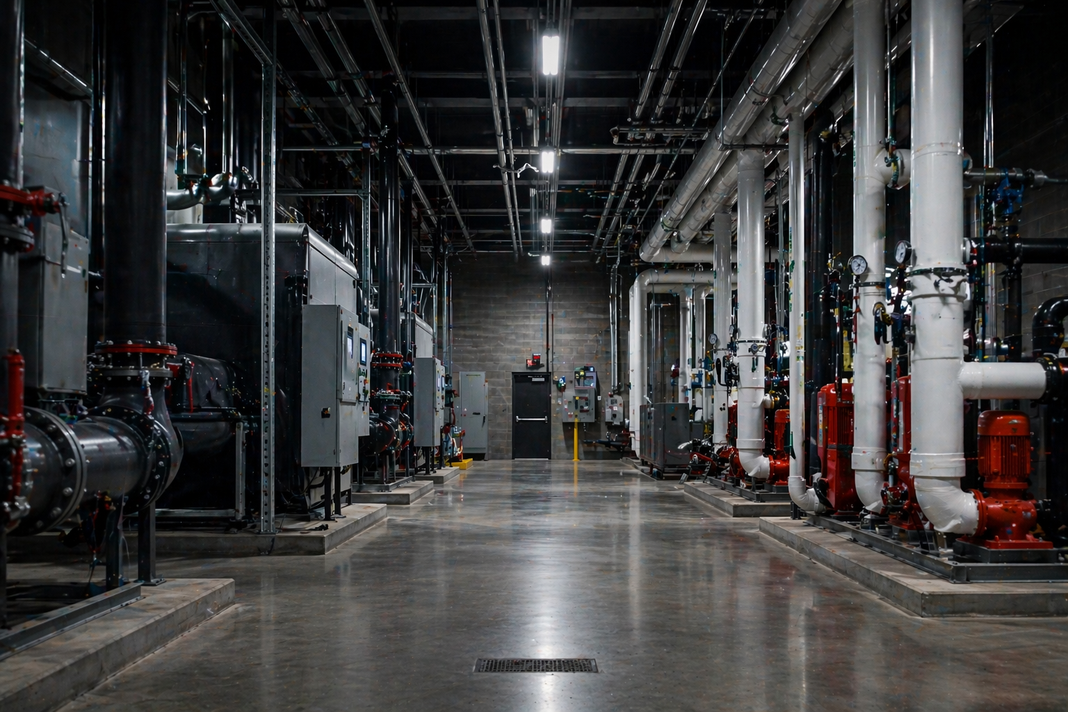 Industrial mechanical room with pipes, gauges, and control panels, with a concrete floor and brick wall at the back.