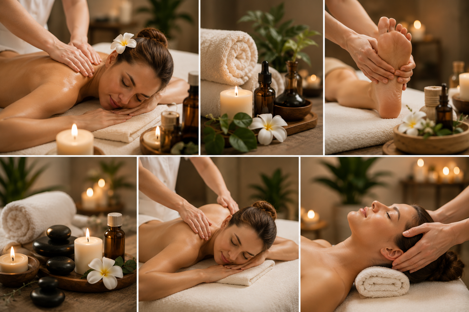 A woman receives a massage and spa treatment in a relaxing ambiance with candles, towels, and spa oils, surrounded by decor with candles and plants.