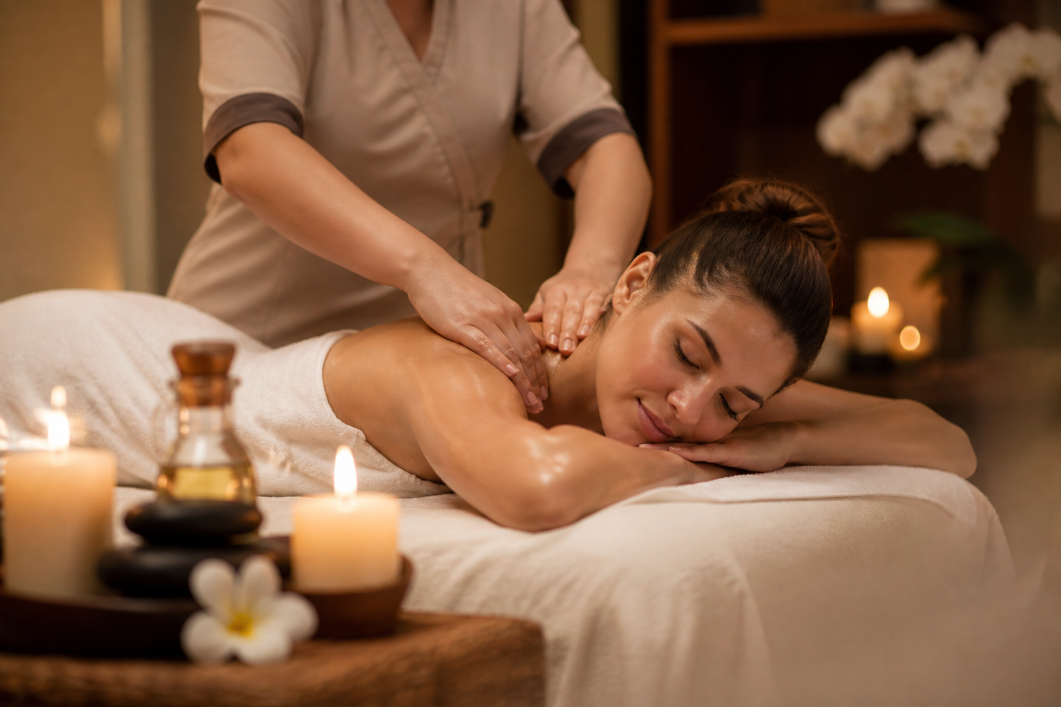 A woman receives a massage in a spa, lying face down on a massage table with eyes closed, a towel covering her lower body, candles, and spa oils nearby, creating a relaxing atmosphere.