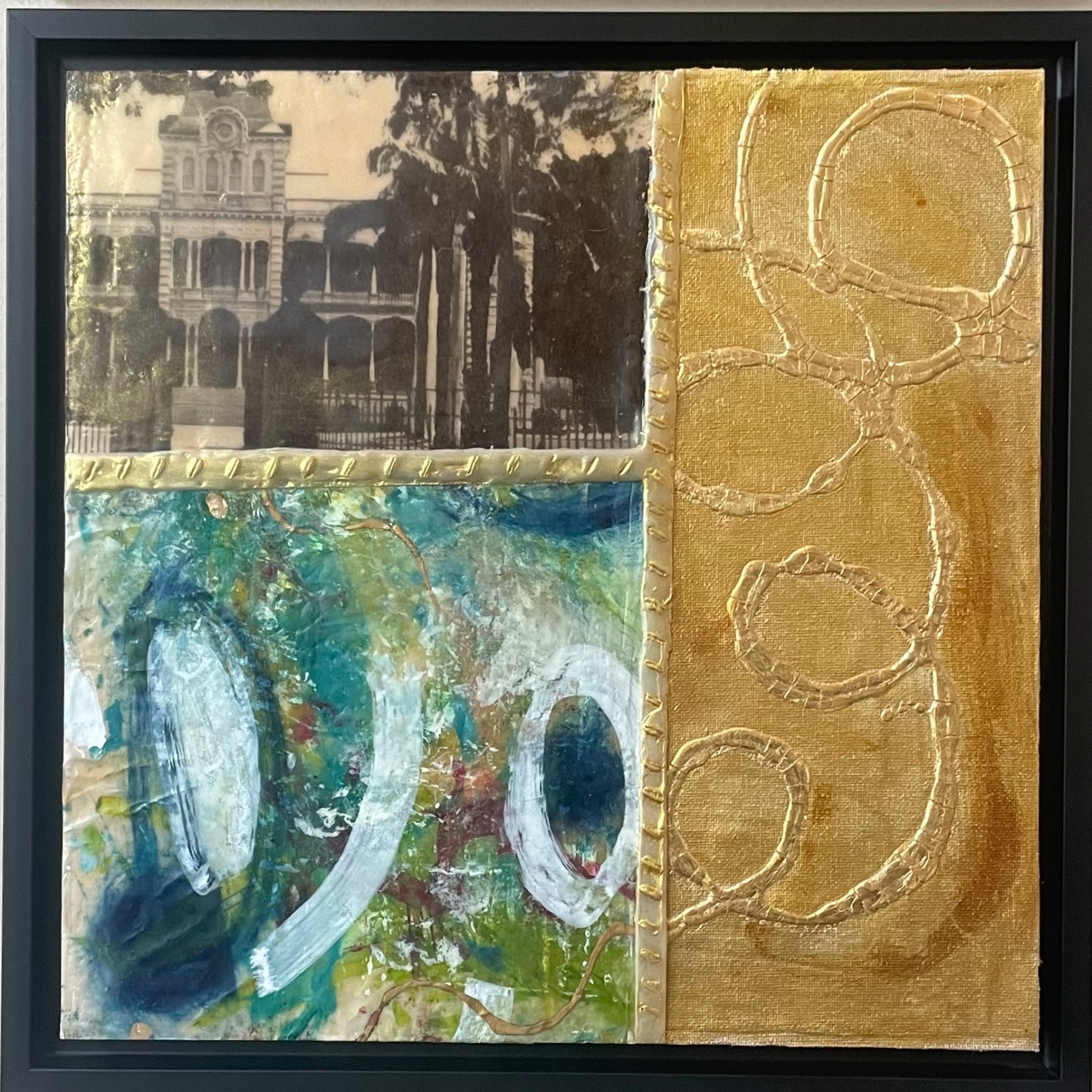Encaustic mixed media painting with three block sections. The upper left is a black and white building and palm tree image, lower left is blue, gold and white abstract painting and the right third is gold swirled pattern.