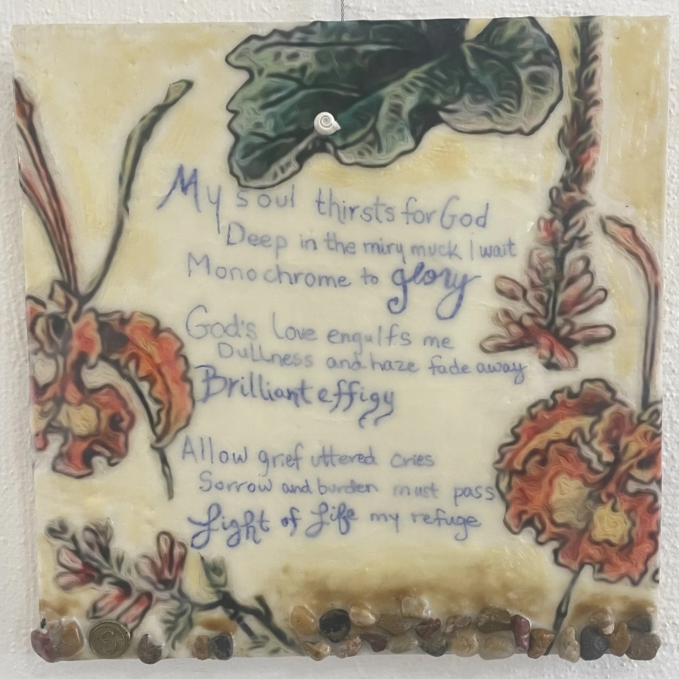 Blue text on a cream color background surrounded by florals on three sides and pebbles across the bottom.