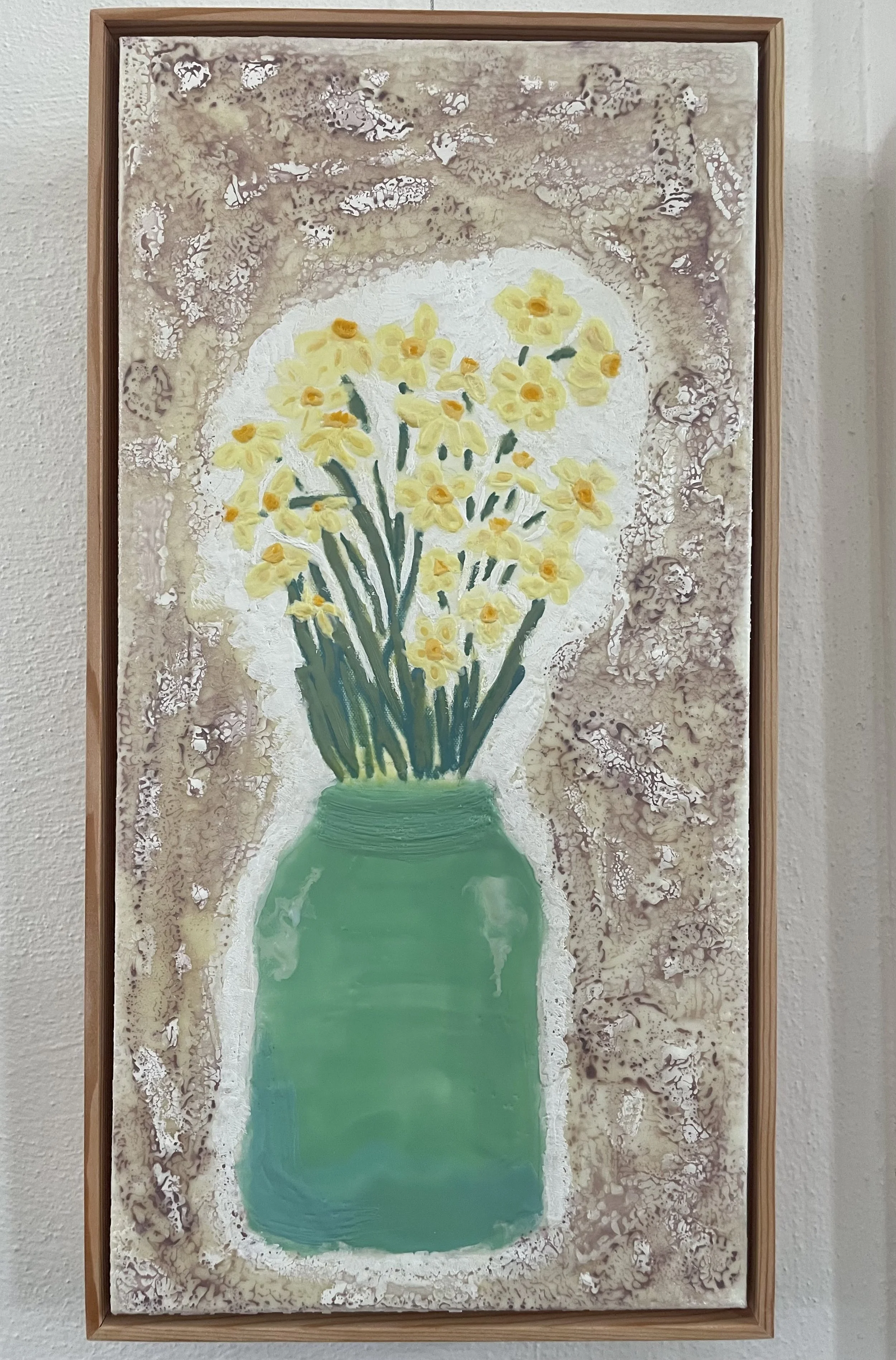 yellow daffodils in a blue green ball jar encaustic mixed media painting