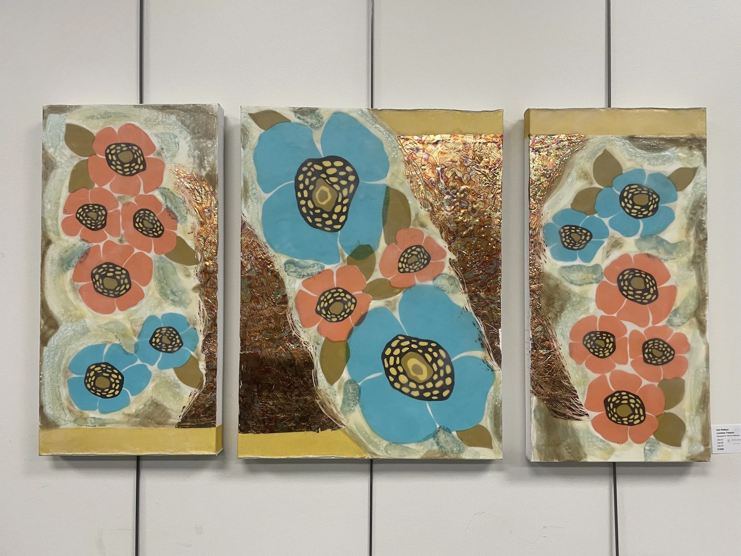 blue and peach flowers in an encaustic mixed media triptych