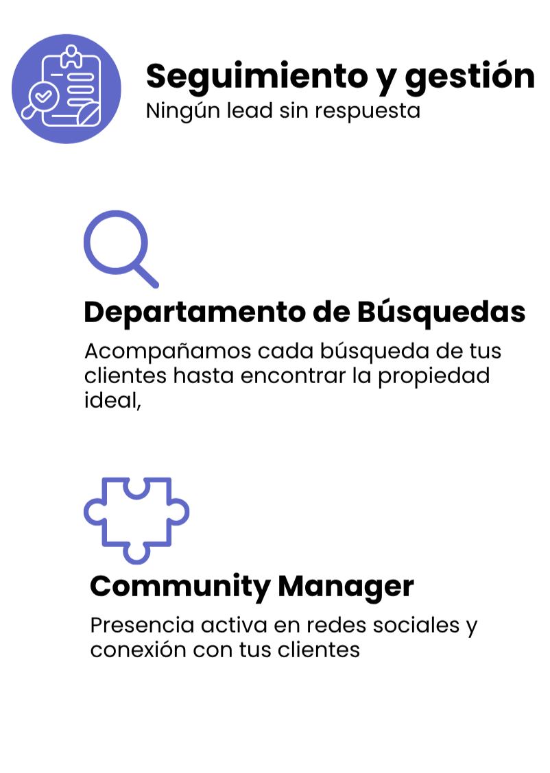 Icono de una lista con marca, lupa y rompecabezas, y texto en español sobre búsqueda de información, análisis y solución de problemas.