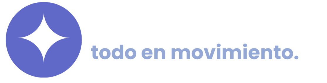 Logotipo de la marca con un símbolo azul y blanco y texto en español que dice: 'Todo conectado, todo en movimiento.'