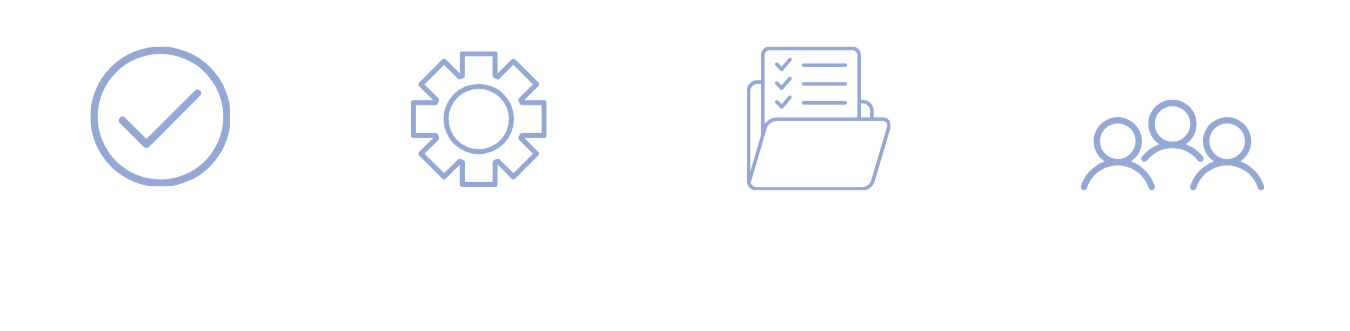 Iconos que representan seguimiento constante, procesos claros, gestión ordenada y equipo especializado.