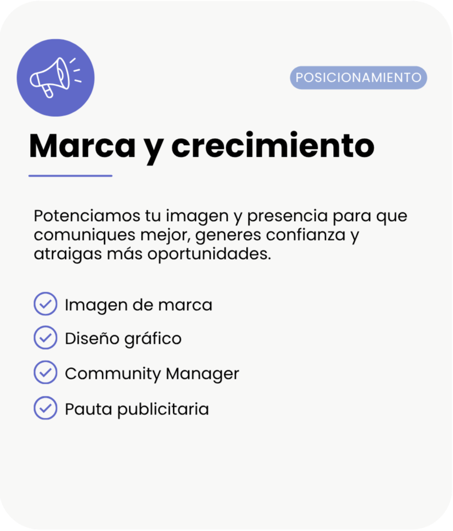 Presentación con icono de megáfono, título 'Marca y crecimiento' y lista de servicios como 'Imagen de marca', 'Diseño gráfico', 'Community Manager' y 'Pauta publicitaria'.