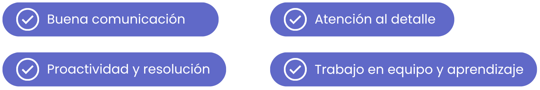 Lista de cualidades o habilidades relacionadas con la comunicación efectiva y el trabajo en equipo, incluyendo buena comunicación, atención al detalle, proactividad, resolución, trabajo en equipo y aprendizaje.