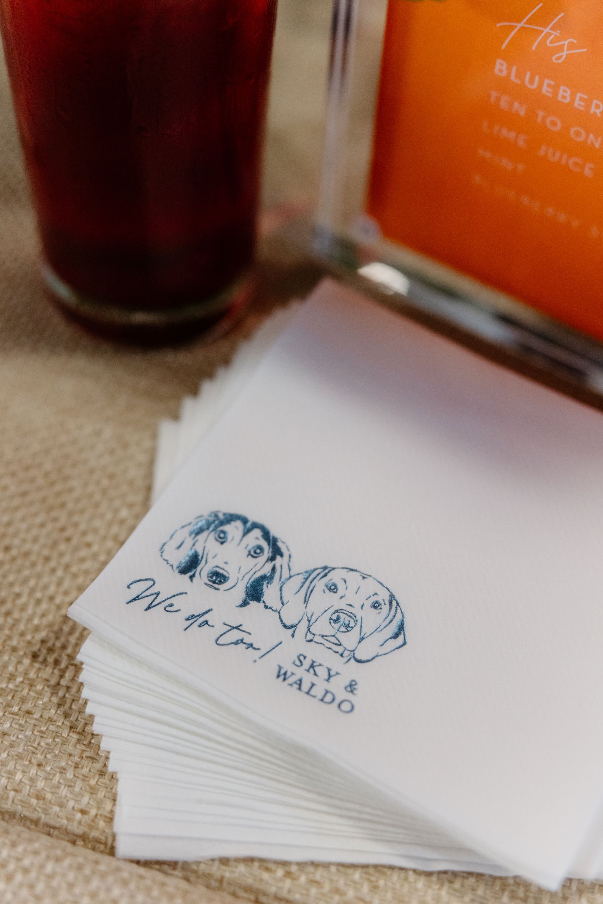 A stack of paper napkins with a hand-drawn illustration of two dogs and the words "We thank you!" written in cursive. The napkins also have the names "SKY & WALDO" and the phrase "Sky & Waldo" printed beneath the illustration.