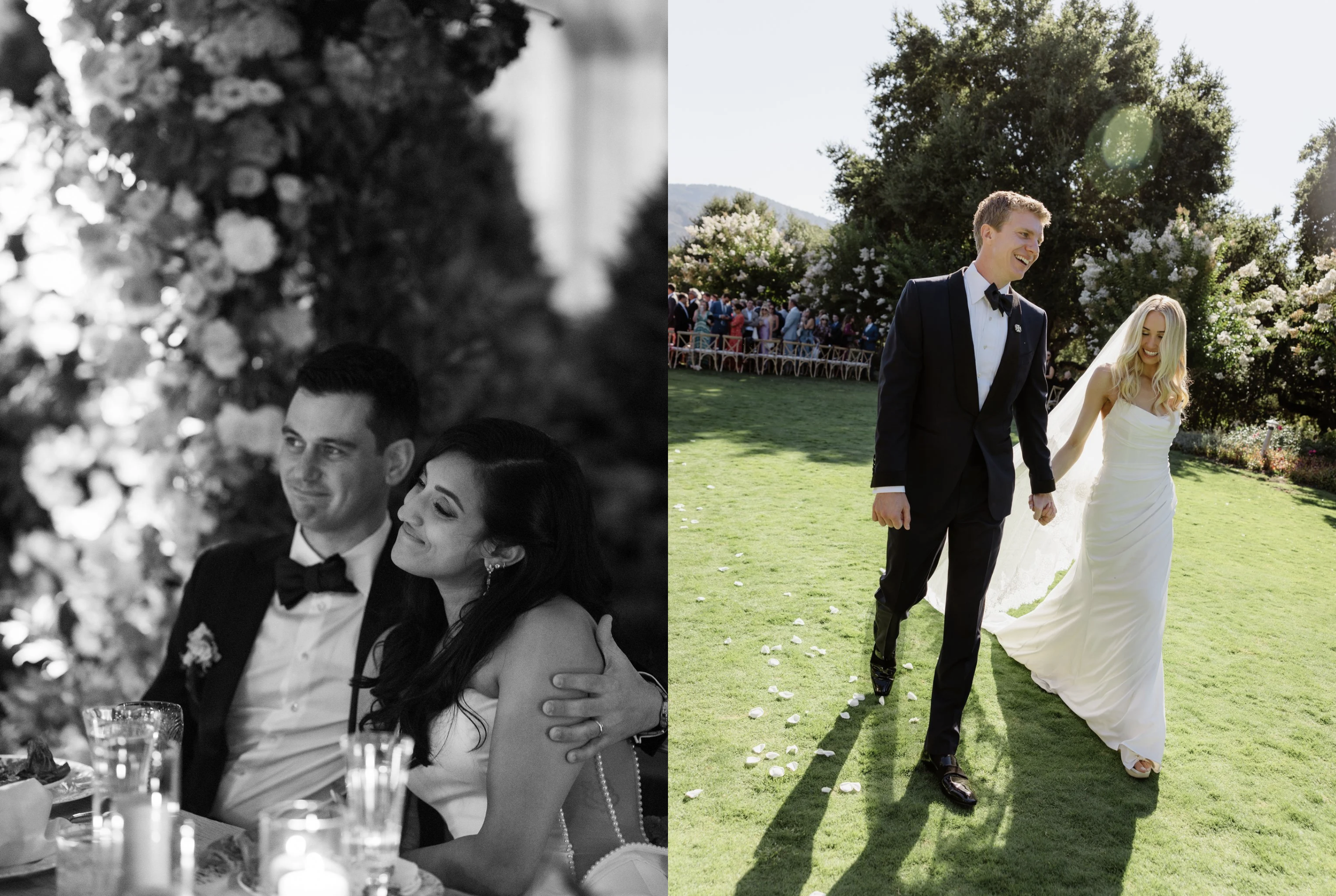 A wedding reception scene with a split view: the left side in black and white shows a close-up of a bride and groom sitting at a table, the right side in color shows the bride and groom walking hand in hand outdoors, smiling, with guests in the backg