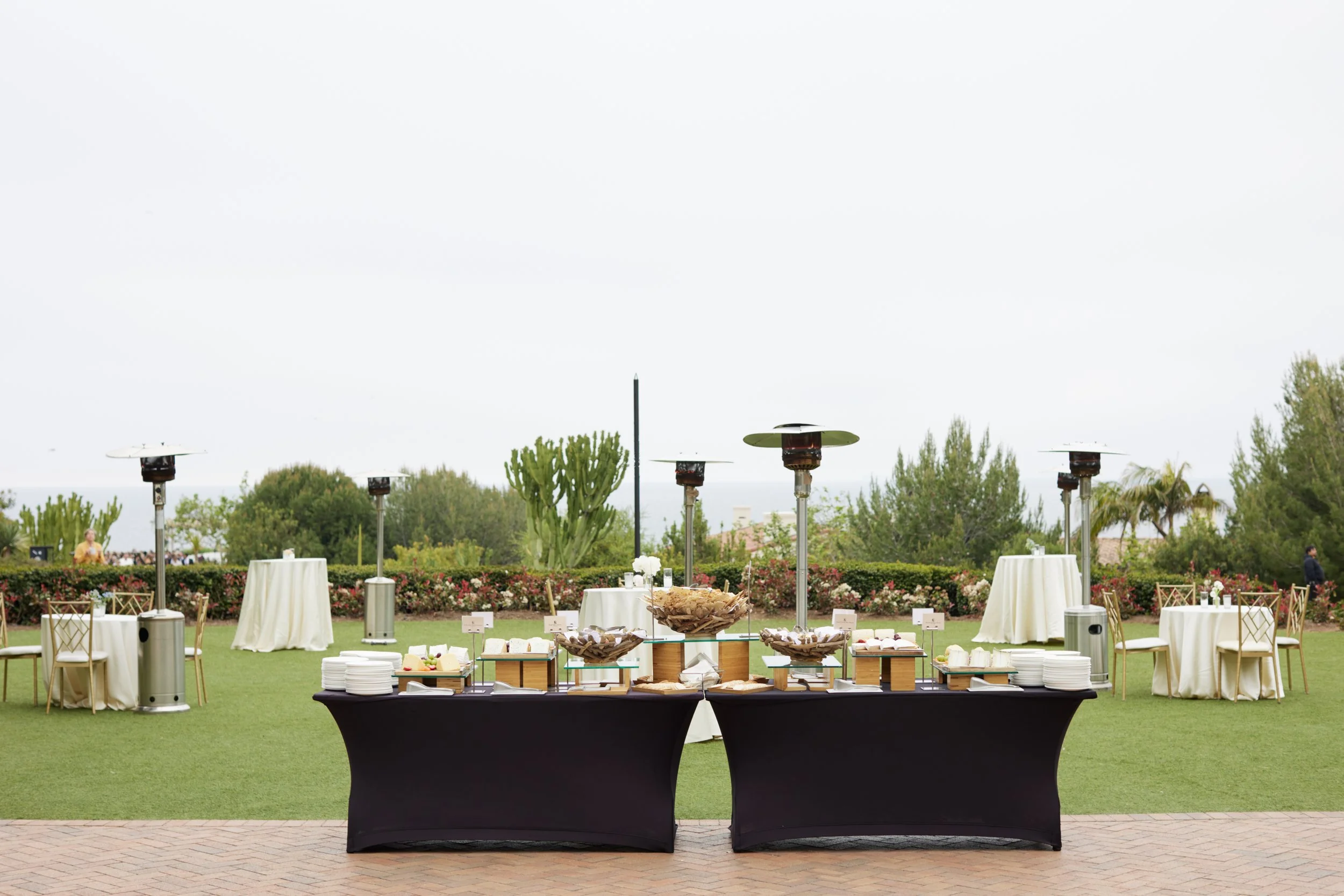 Outdoor buffet setup with tables of food and tables with white tablecloths, surrounded by chairs, trees, and a cloudy sky.