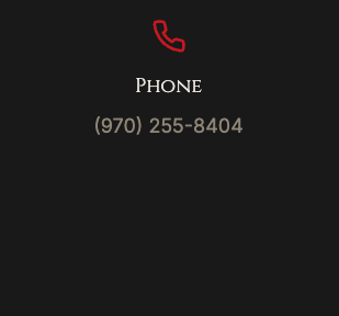 Black phone screen with red phone icon, labeled 'PHONE' and a phone number (970) 255-8404.