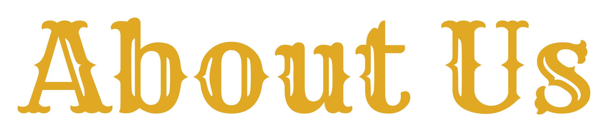 Yellow stylized text spelling 'About Us' on a black background.