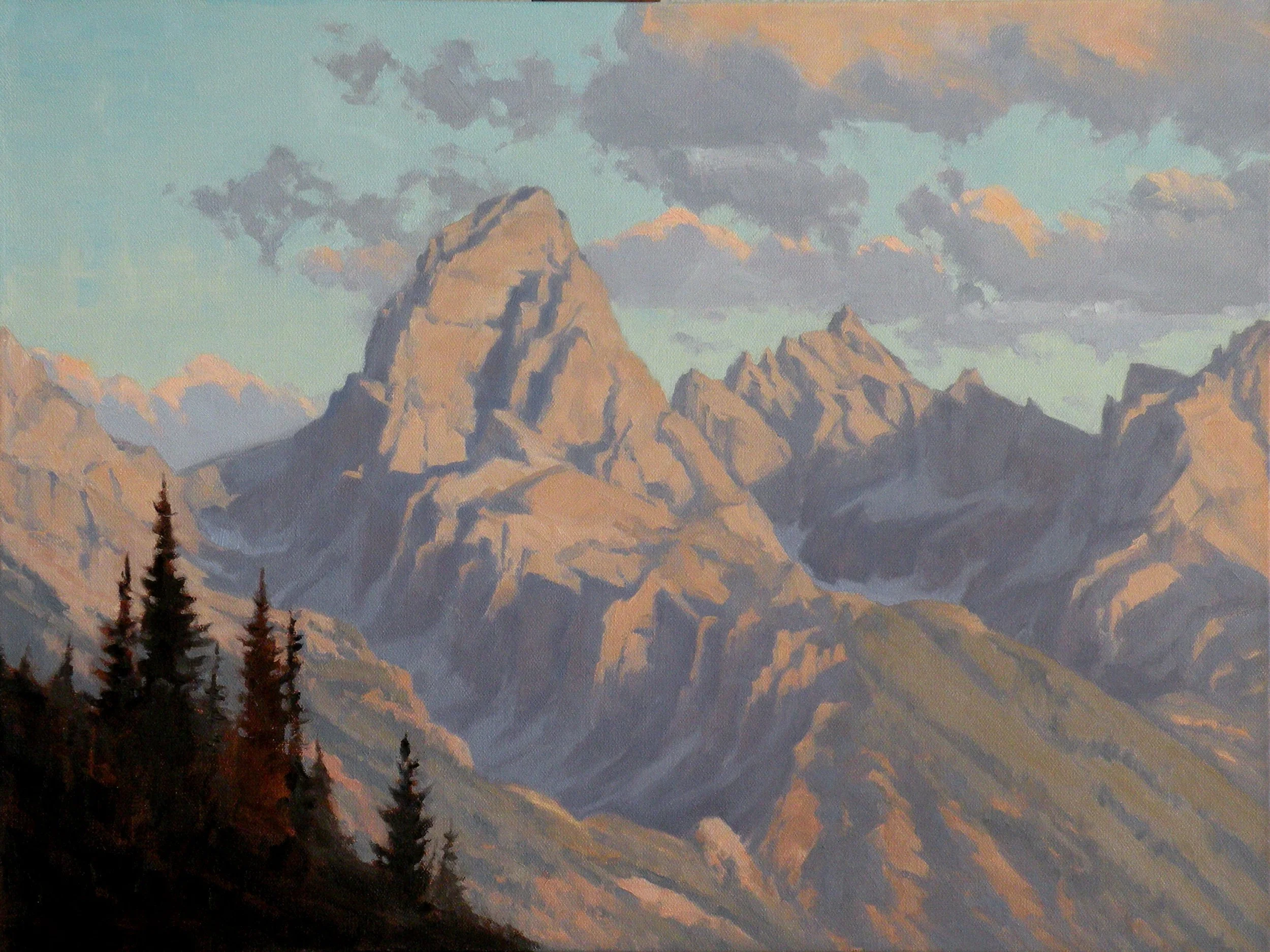 Oil painting of Grand Teton mountain peak glowing with warm sunlight, with dark evergreen trees in the foreground
