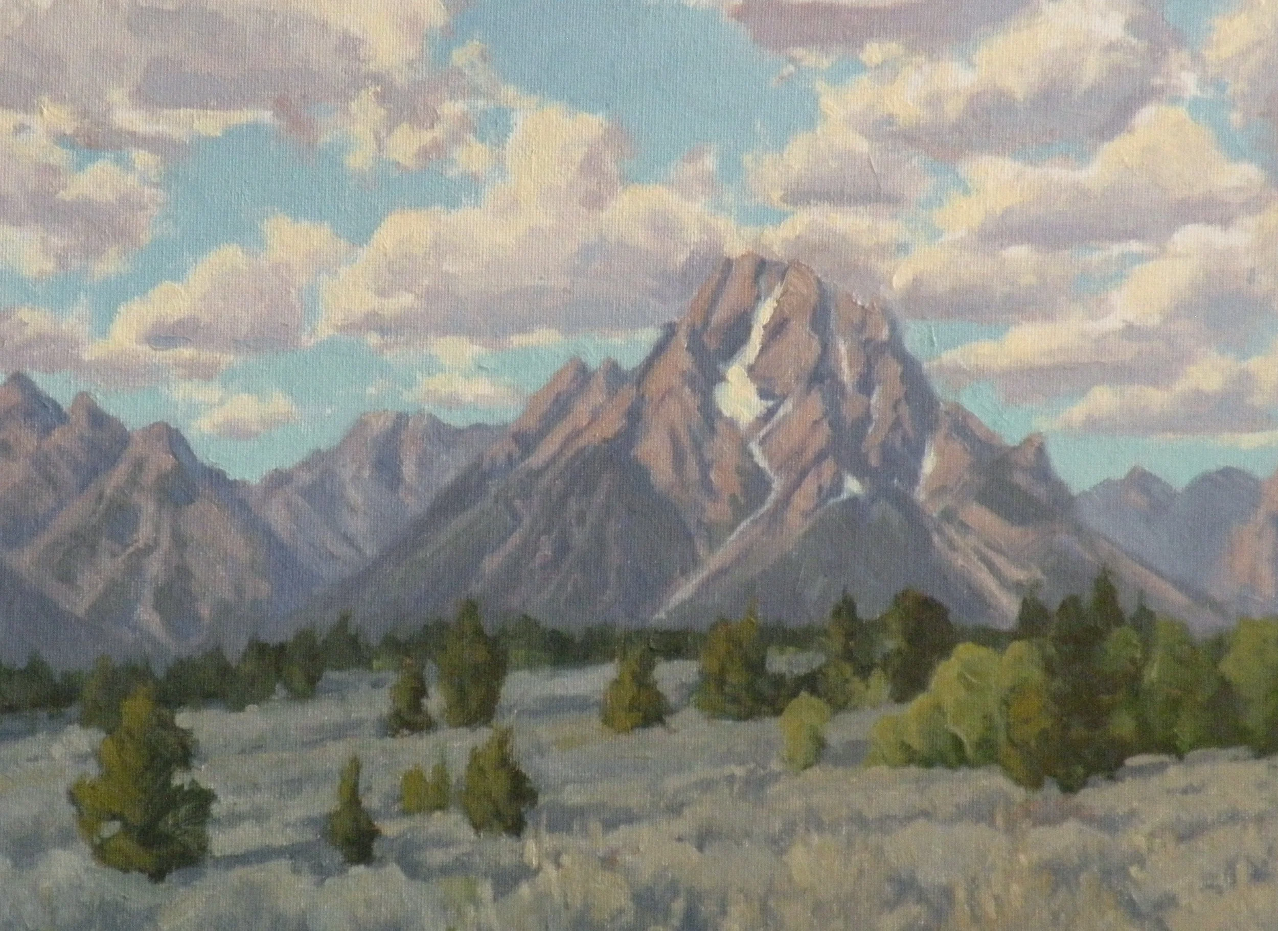 Oil painting of Mt. Moran rising above a field with scattered green trees and shrub