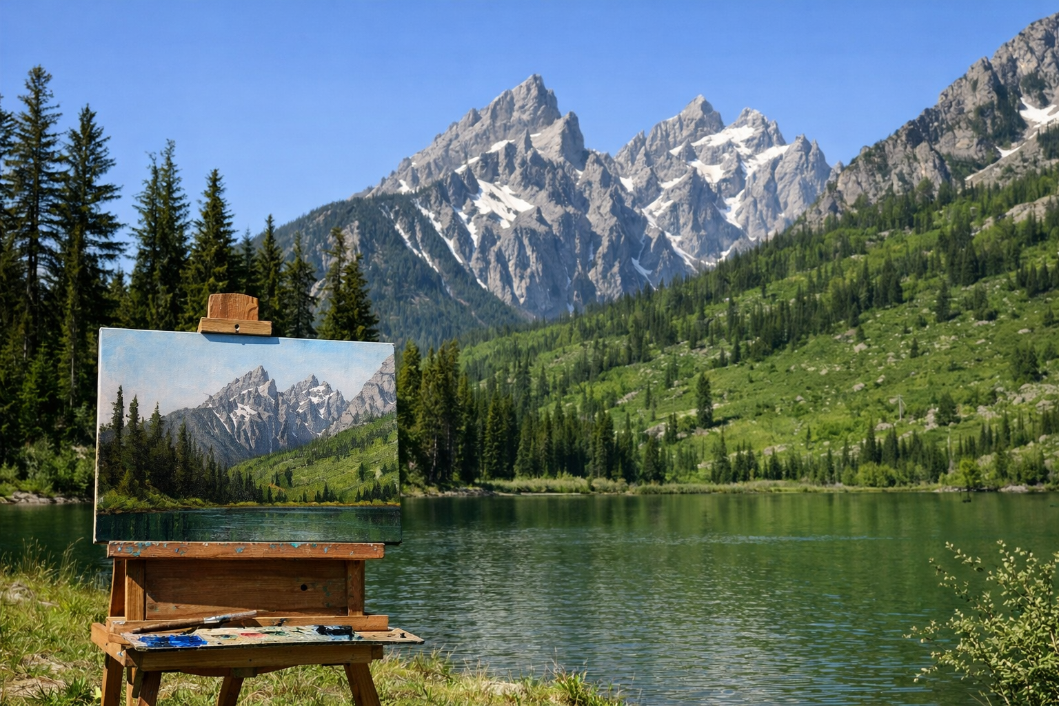 Artist’s easel set up by String Lake with a painting of the surrounding snow‑capped Teton mountains and evergreen forest