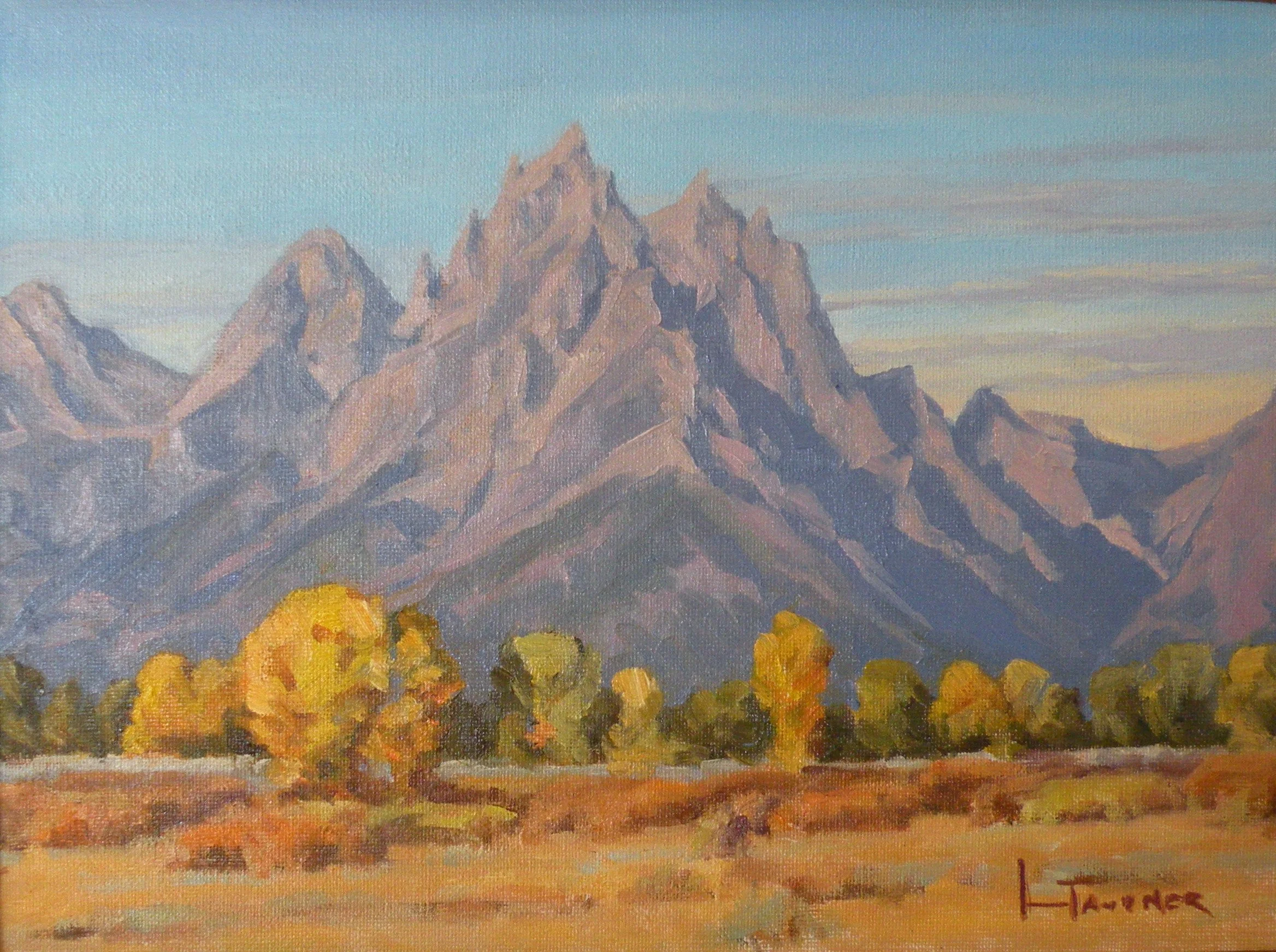 Oil painting of distant purple‑blue mountain peaks above a field of autumn cottonwoods, willows and grasses