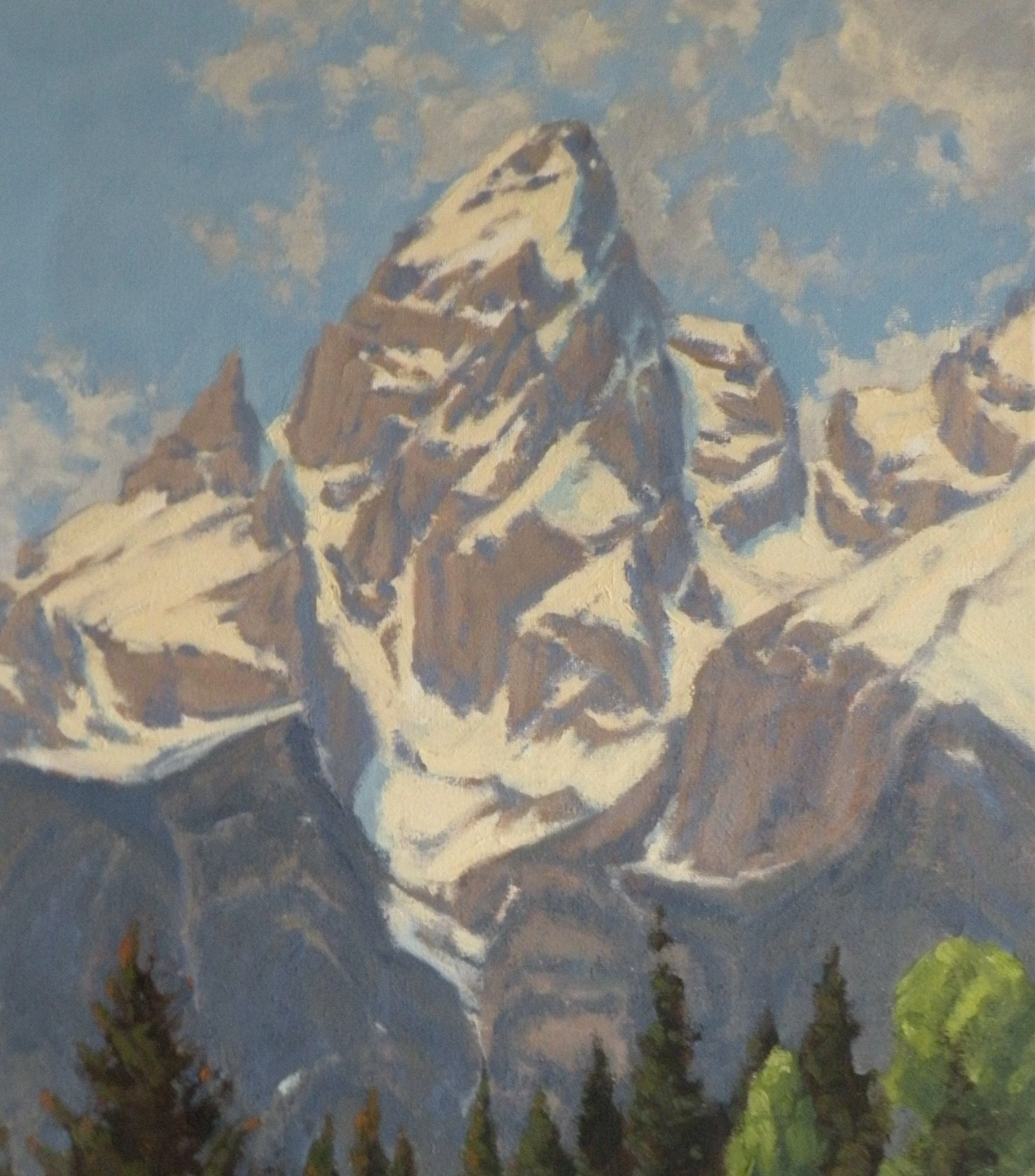 Oil painting of snow covered Grand Teton from Schwabacher Landing
