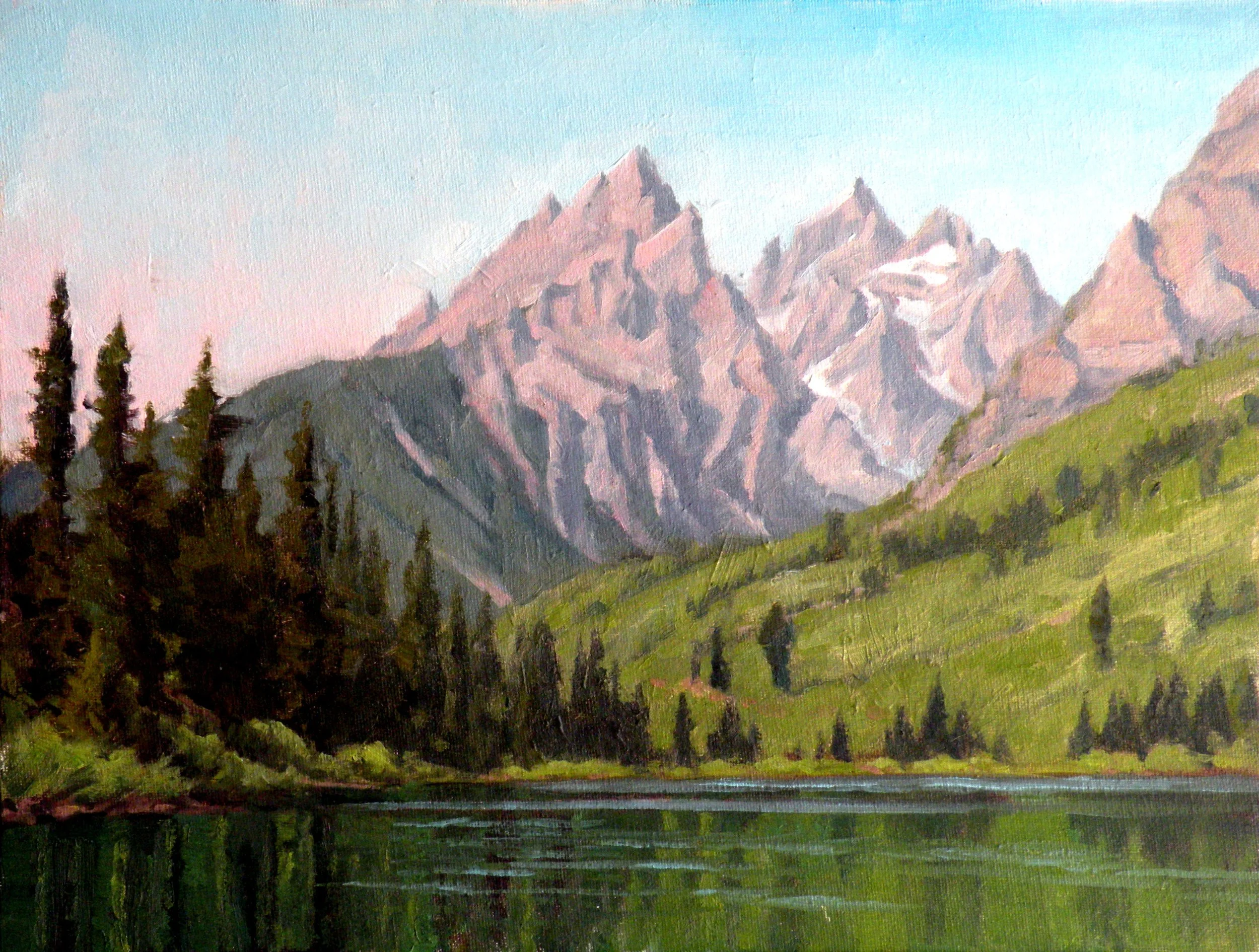 Oil painting of jagged snow‑covered mountain peaks reflected in String Lake with evergreen trees along the shore
