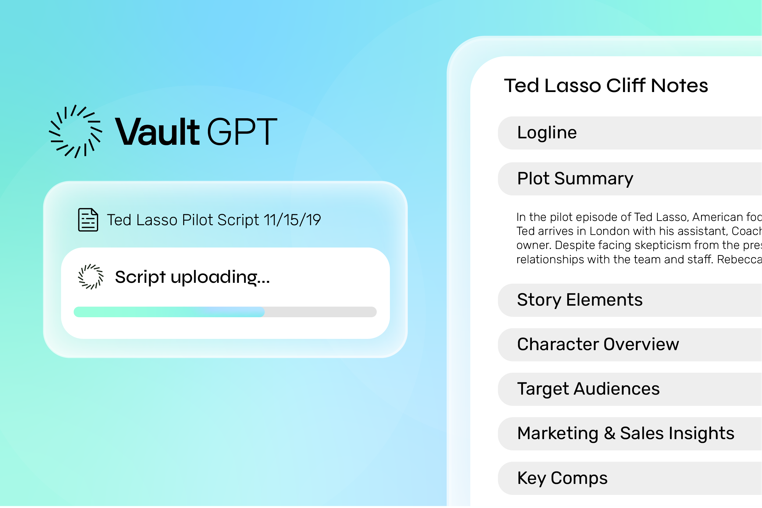 Vault GPT by Vault AI uploading and analyzing the pilot script of Ted Lasso