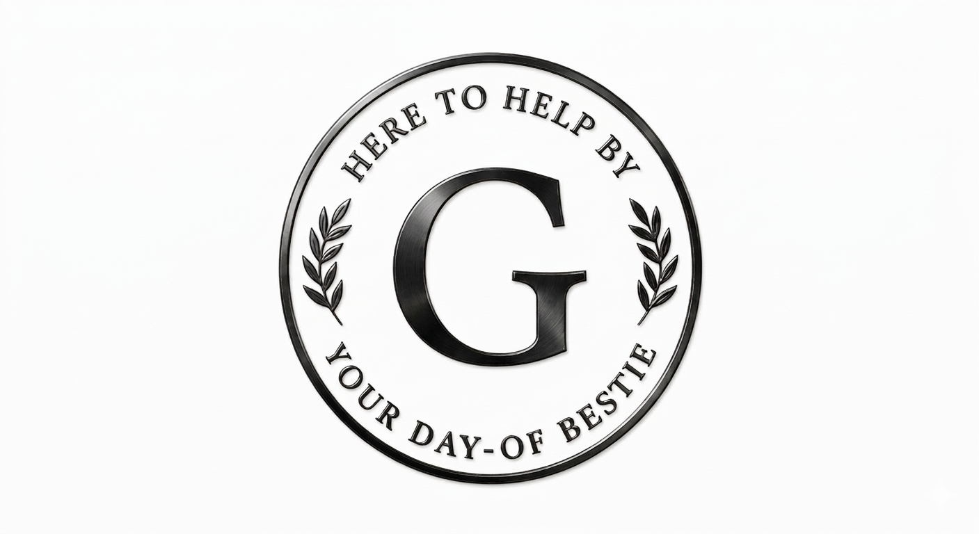 A circular emblem with a black letter G in the center, surrounded by the text 'Here to help by your day-of bestie,' with decorative laurel branches on either side of the G, set against a white background.