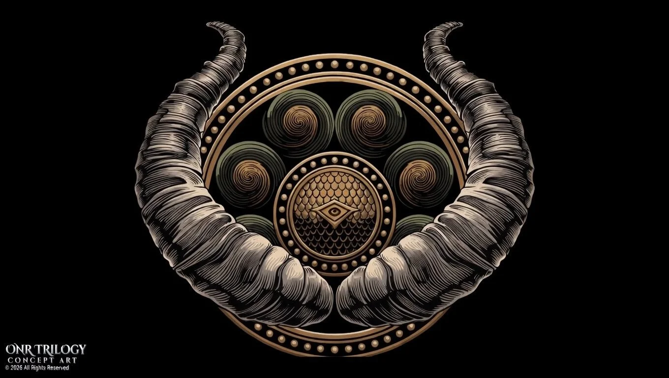 Concept art featuring a circular design with vortex patterns and an eye symbol at the center, surrounded by large, curved, horn-like structures on a black background.